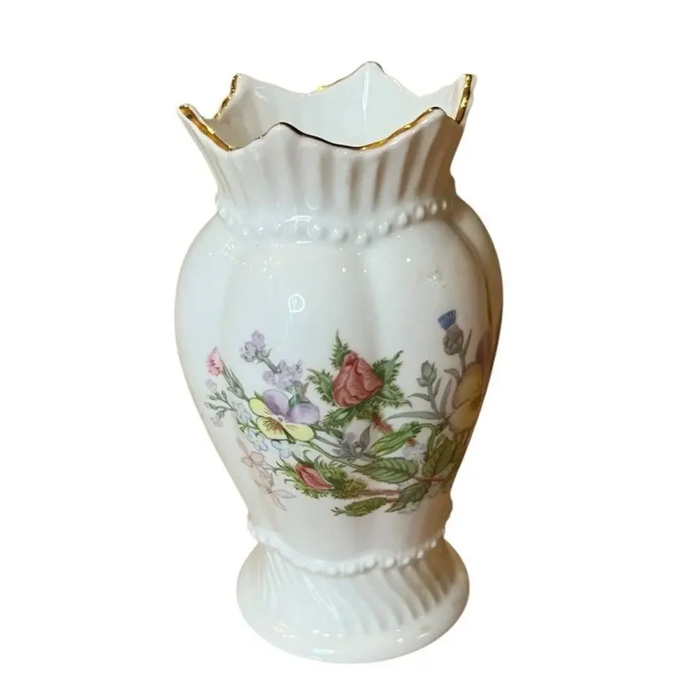 AYNSLEY WILD TUDOR VASE FINE BONE CHINA WINDSOR VASE Floral 4.5” Gold Trim